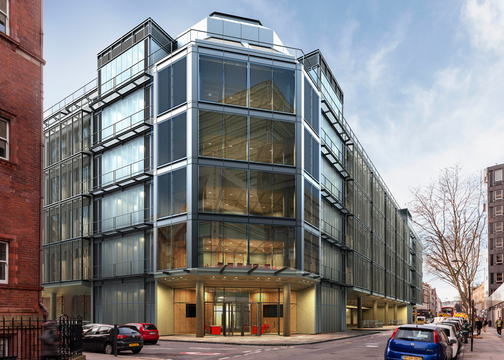 Public entrance to UCLH Proton Beam Therapy facility on the corner of Grafton Way and Huntley Street.