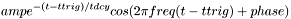 \[ amp e^{- ( t - ttrig ) / tdcy } cos( 2 \pi freq ( t- ttrig ) + phase ) \]