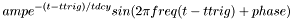 \[ amp e^{- ( t - ttrig ) / tdcy } sin( 2 \pi freq ( t- ttrig ) + phase ) \]