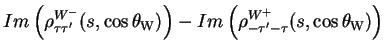 $\displaystyle Im\left(\rho^{W^{-}}_{\tau\tau^{\prime}}(s,\cos\theta_{\rm W})\right) - Im\left(\rho^{W^{+}}_{-\tau^{\prime}-\tau}(s,\cos\theta_{\rm W})\right)$